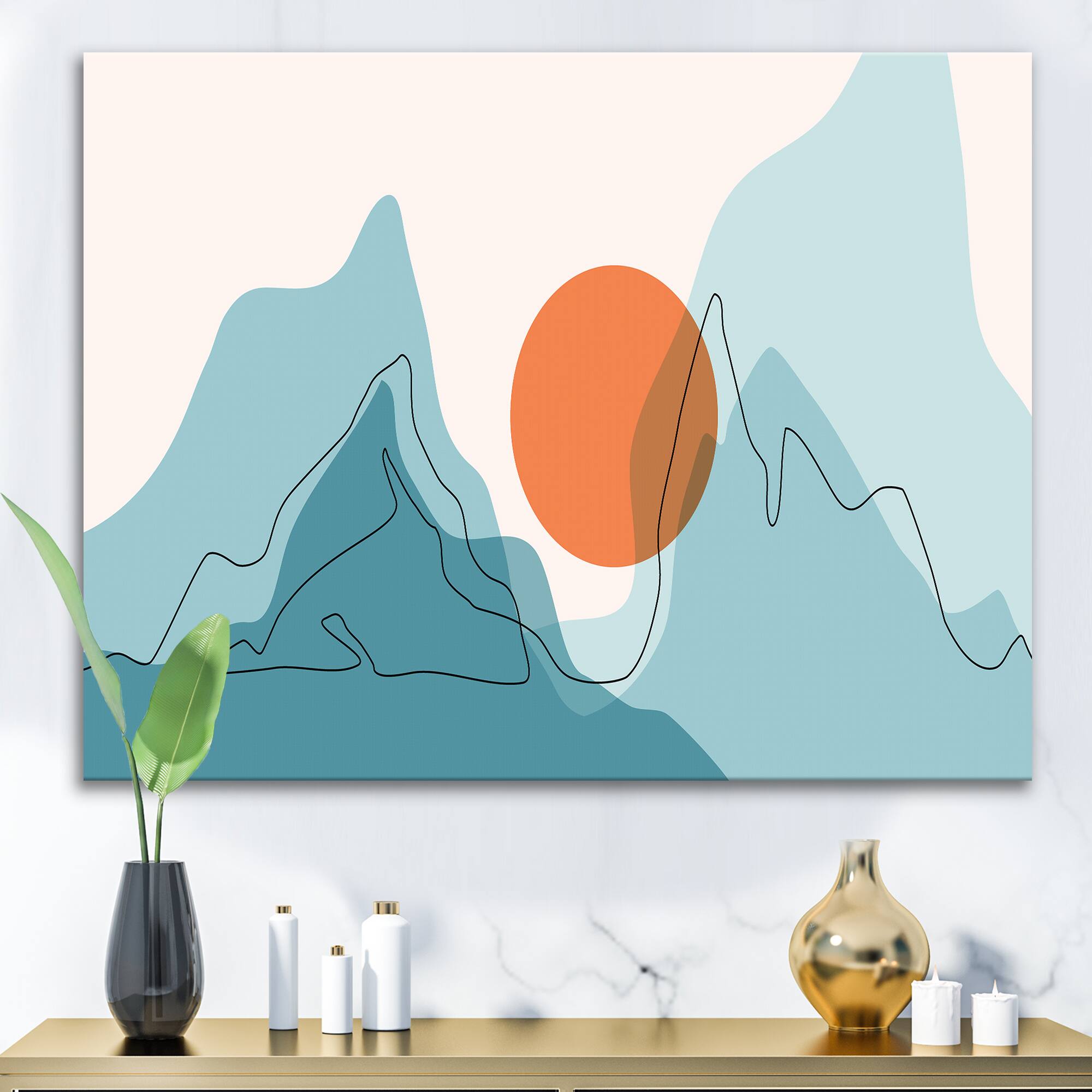 Designart - Red Moon Over Abstract Blue Mountains I